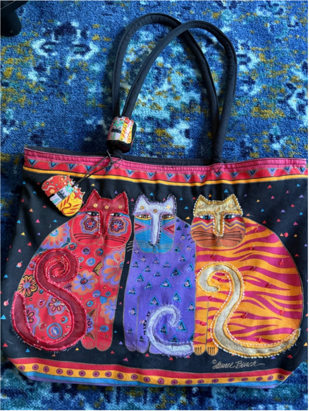Laurel Birch Tote Bag Black with Colorful Cat Design